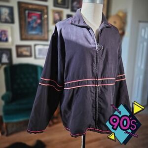 Euro Joy Windbreaker Jacket Vintage 90s Black Pink Trim Stripe Mens Zip M